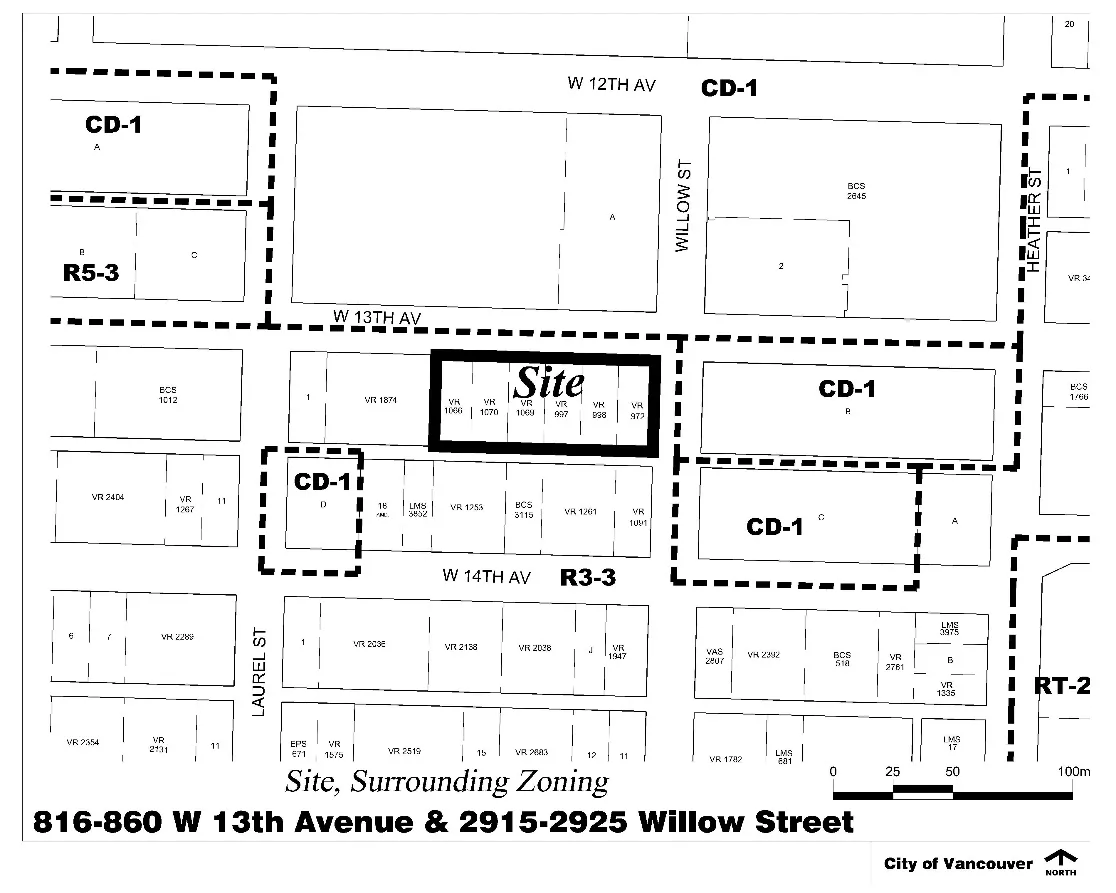 816–860 W 13th Avenue & 2915–2925 Willow Street and their surrounding zoning districts.