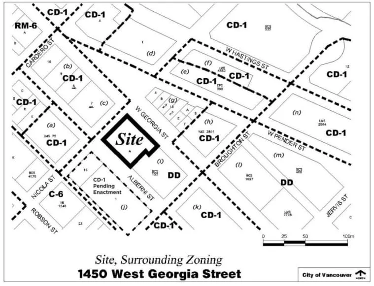 1450 West Georgia Street and its surrounding zoning, including adjacent CD-1, C-6, and DD districts.