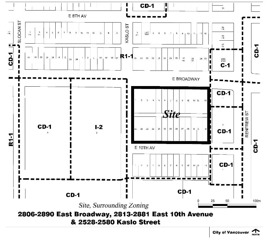 2806–2890 East Broadway, 2813–2881 East 10th Avenue & 2528–2580 Kaslo Street and their surrounding zoning districts.