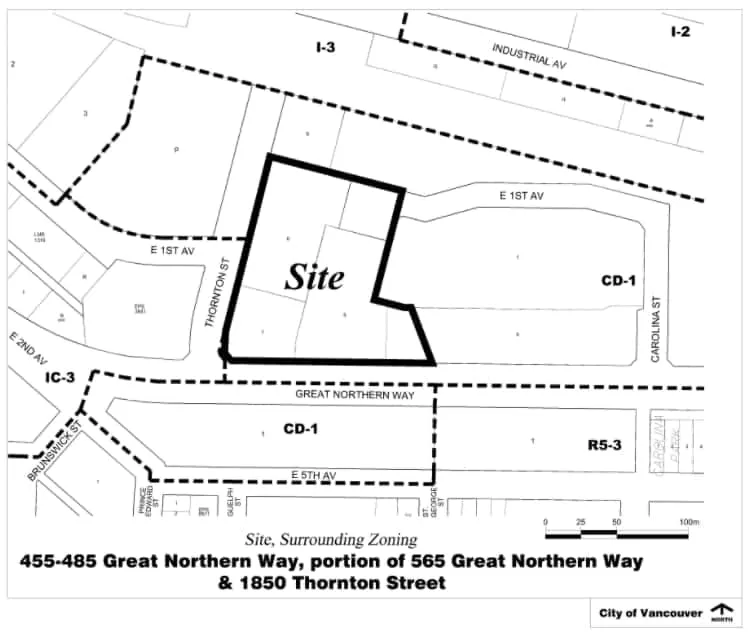 455–485 Great Northern Way, portion of 565 Great Northern Way & 1850 Thornton Street and their surrounding zoning (I-3, CD-1, IC-3, R5-3).