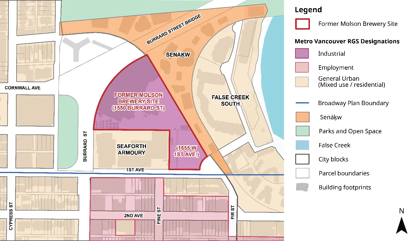 Former Molson Brewery Site (1550 Burrard St) and surrounding Metro Vancouver Regional Growth Strategy land-use designations, including adjacent Senákw, Seaforth Armoury, and False Creek South.