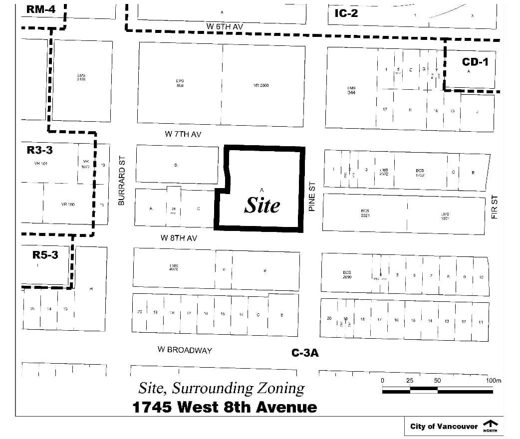 1745 West 8th Avenue and its surrounding zoning, between Burrard Street and Pine Street near West Broadway.