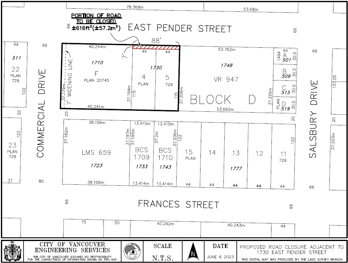 1730 East Pender Street — proposed road closure of ±616 ft² adjacent to the site, with lot dimensions and surrounding parcels between Commercial Drive and Salsbury Drive.