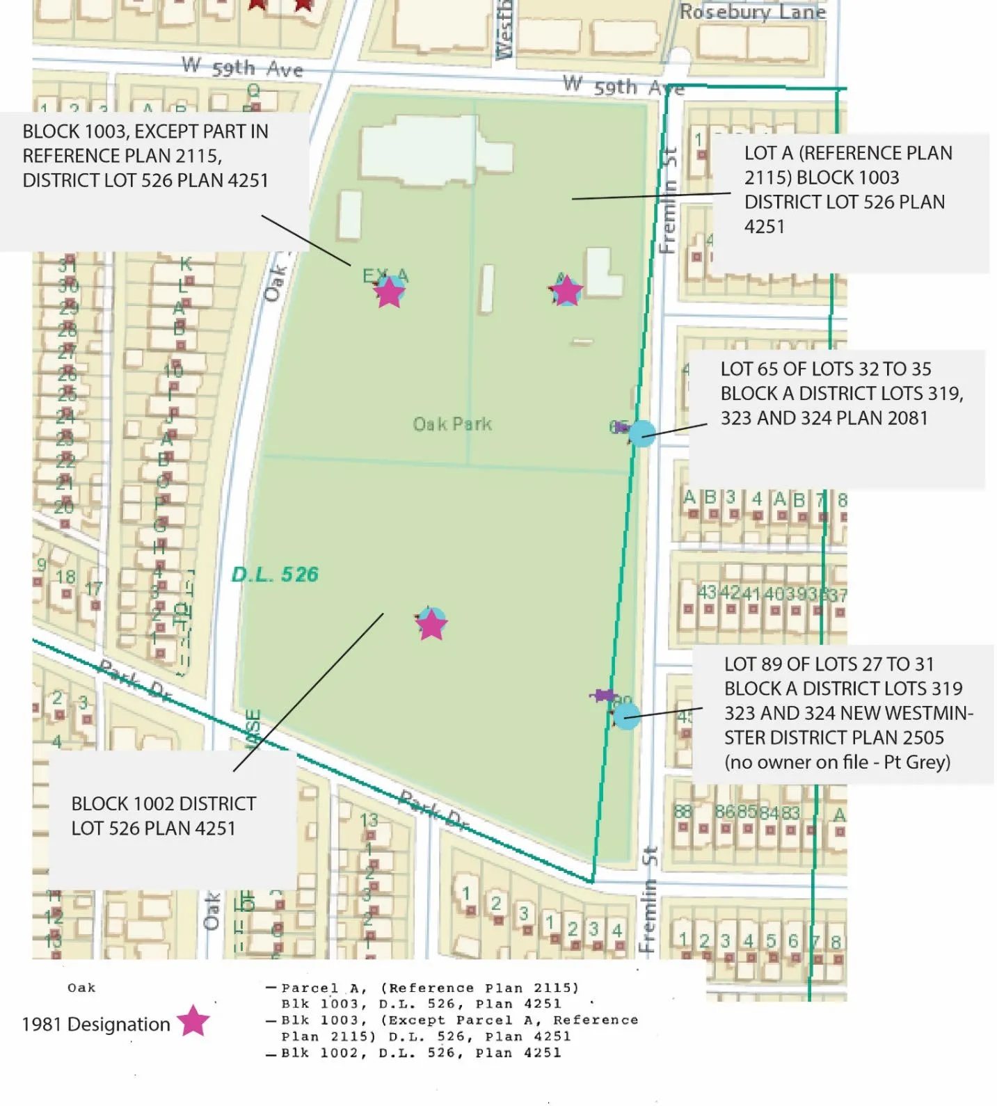 Oak Park (D.L. 526) and surrounding parcels between West 59th Avenue and Park Drive, with 1981 heritage designations and lot ownership annotations.