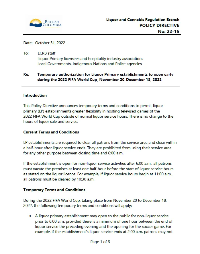 Cover page of BC LCRB Policy Directive 22-15 outlining temporary liquor service terms for the 2022 FIFA World Cup.