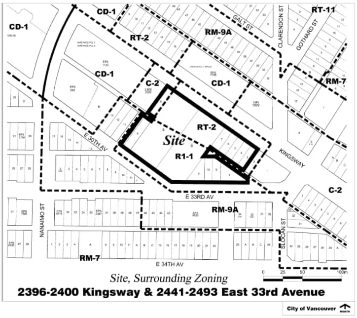 2396–2400 Kingsway & 2441–2493 East 33rd Avenue and their surrounding zoning designations.