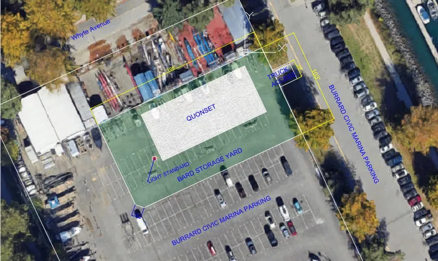 Bard Storage Yard and Quonset hut at Burrard Civic Marina, bounded by Whyte Avenue, showing truck access and adjacent parking areas.
