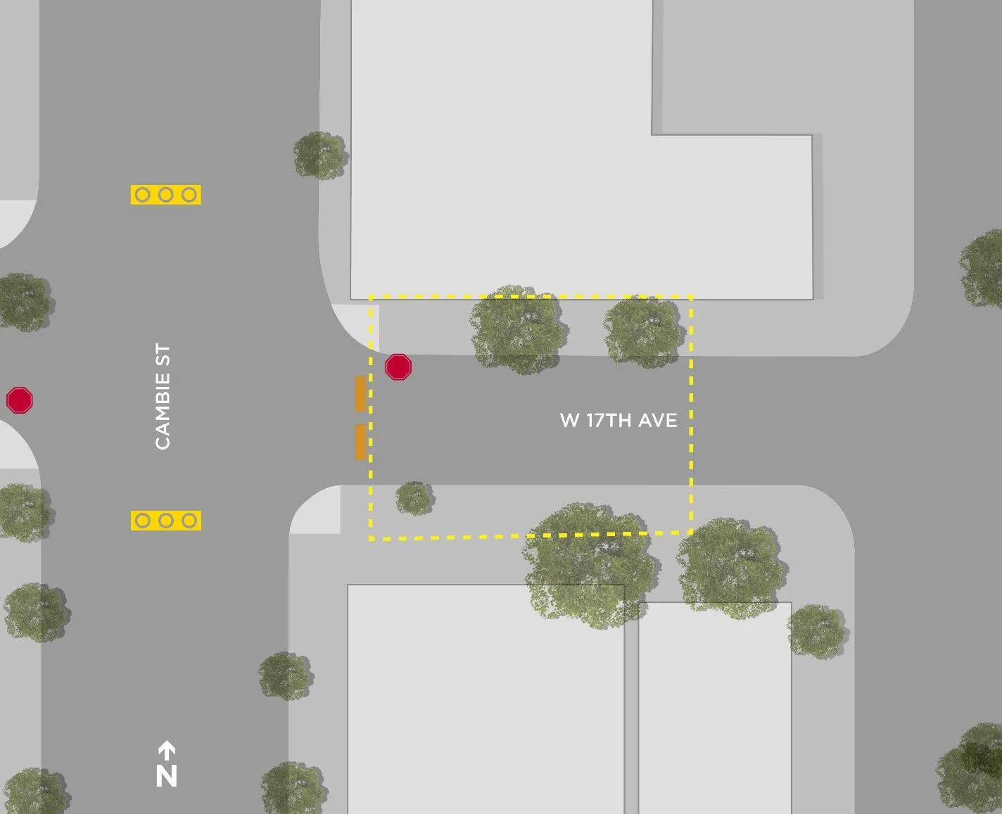 W 17th Ave and Cambie St — proposed intersection treatment with dashed yellow boundary showing the affected pedestrian zone and stop sign placement.