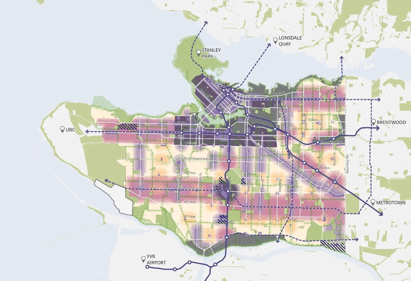Vancouver city-wide land use strategy overlaid with transit corridors and connections to surrounding destinations such as UBC, Metrotown, and Brentwood.