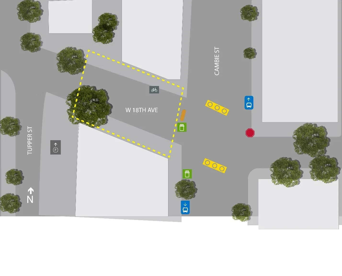 W 18th Ave and Cambie St — proposed street-use zone (yellow dashed boundary) with seating, transit stops, and bicycle amenities.