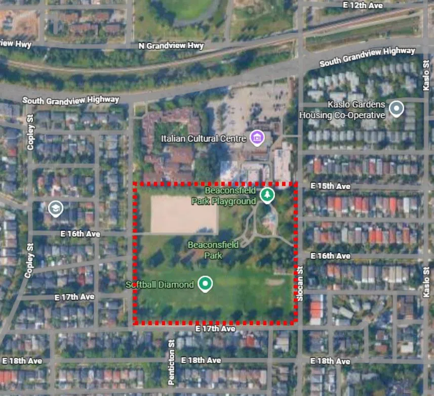 Beaconsfield Park (bounded by Penticton Street, Slocan Street, E 15th Ave, and E 17th Ave) and its immediate neighbourhood context.