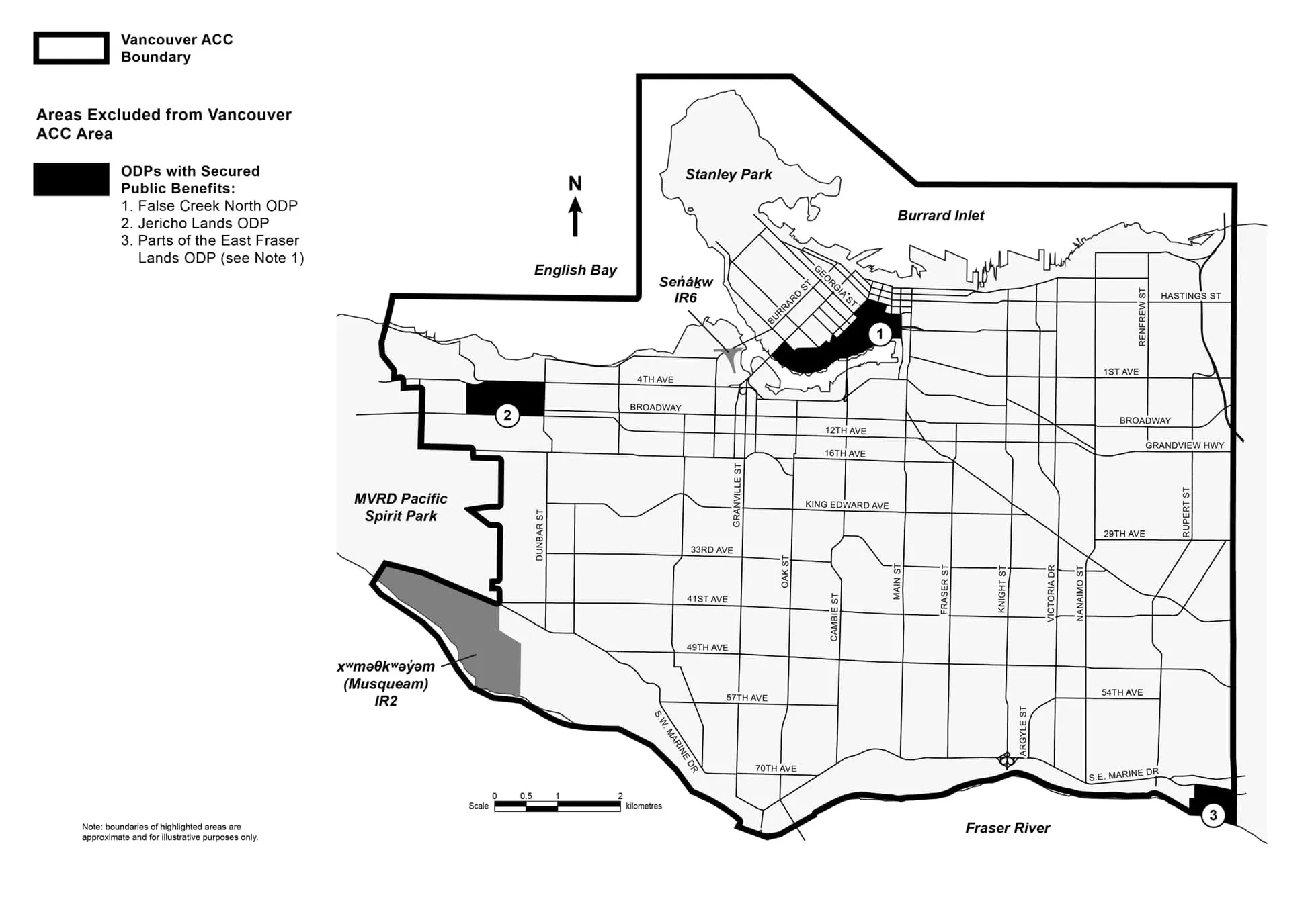 Vancouver ACC boundary showing areas excluded from the Amenity Cost Charge, including False Creek North, Jericho Lands, and East Fraser Lands ODPs.