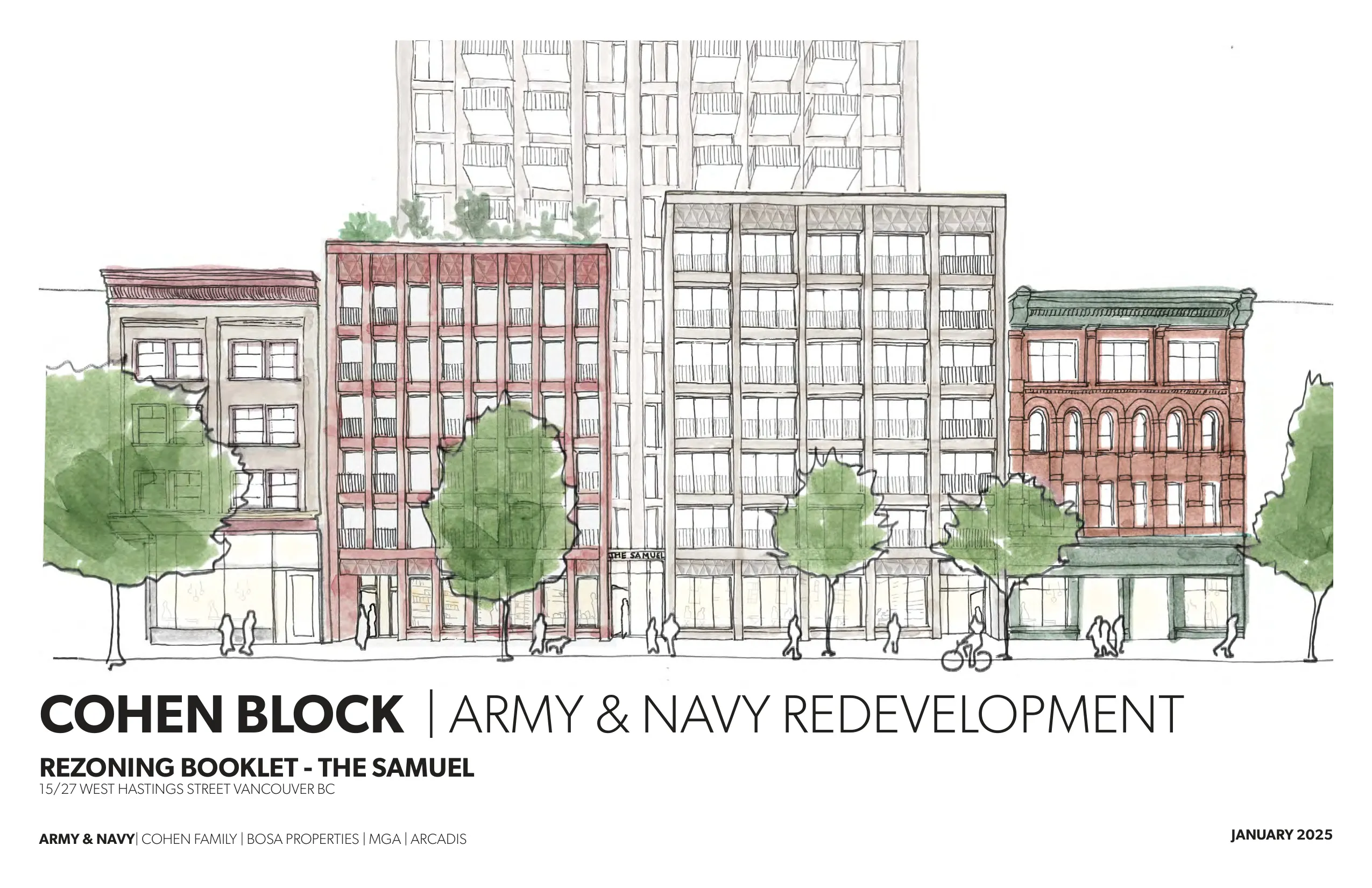 15/27 West Hastings Street — street-level perspective of the proposed Samuel Tower rising above preserved heritage storefronts along the Hastings corridor.