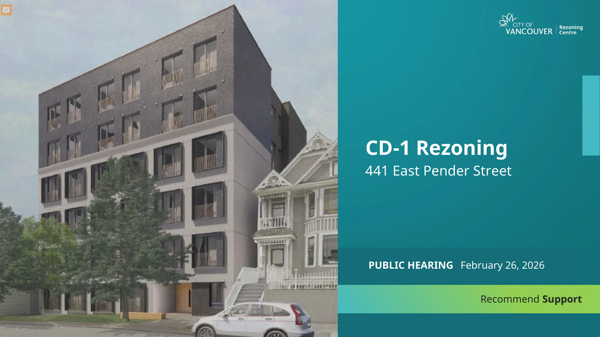 441 East Pender Street — proposed six-storey social housing building beside an existing heritage Victorian house.