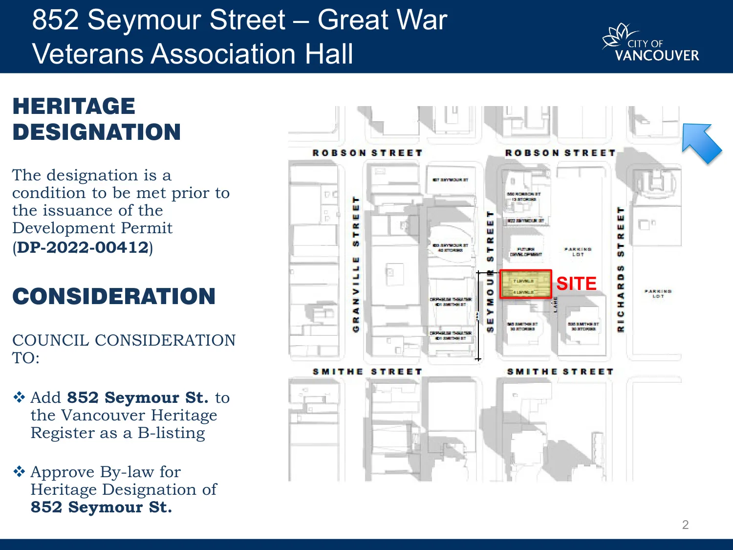 852 Seymour Street and its surrounding block context between Robson and Smithe Streets, with the heritage site highlighted.