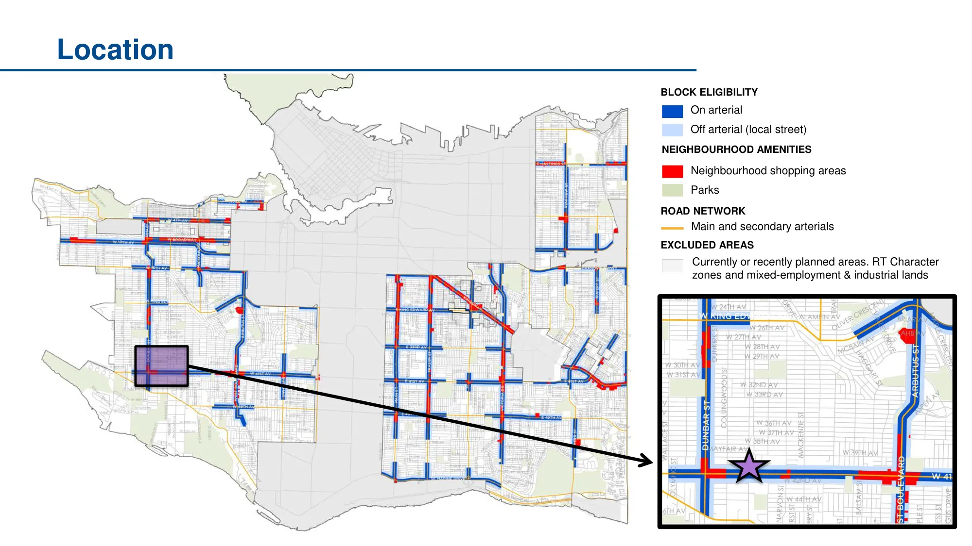 5650–5690 Blenheim Street and its block eligibility within Vancouver's Secured Rental Policy area, showing arterials, neighbourhood shopping nodes, and the site's location near W 41st Ave.