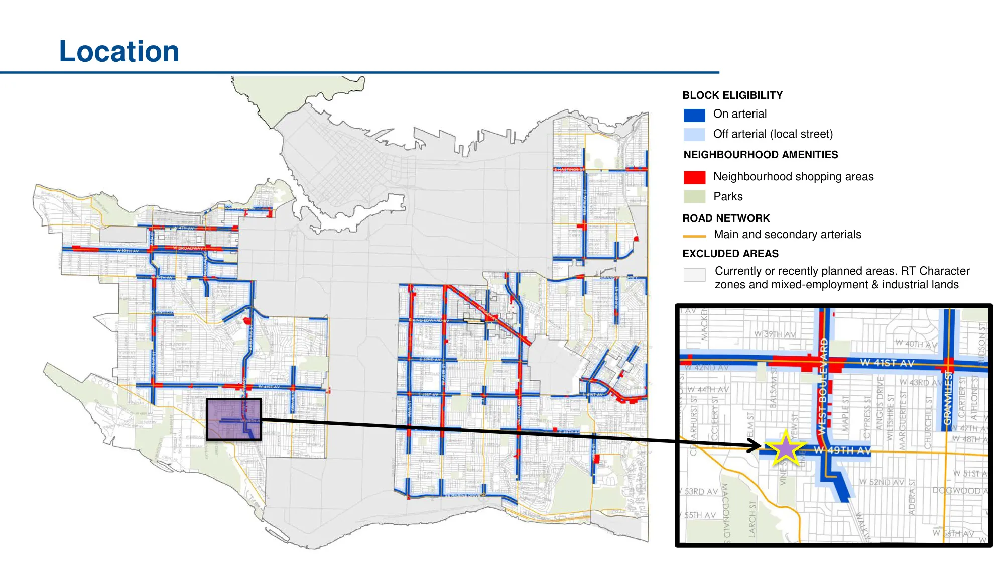 2325–2377 W 49th Avenue and its location within Vancouver's RR-eligible arterial and neighbourhood amenity network.