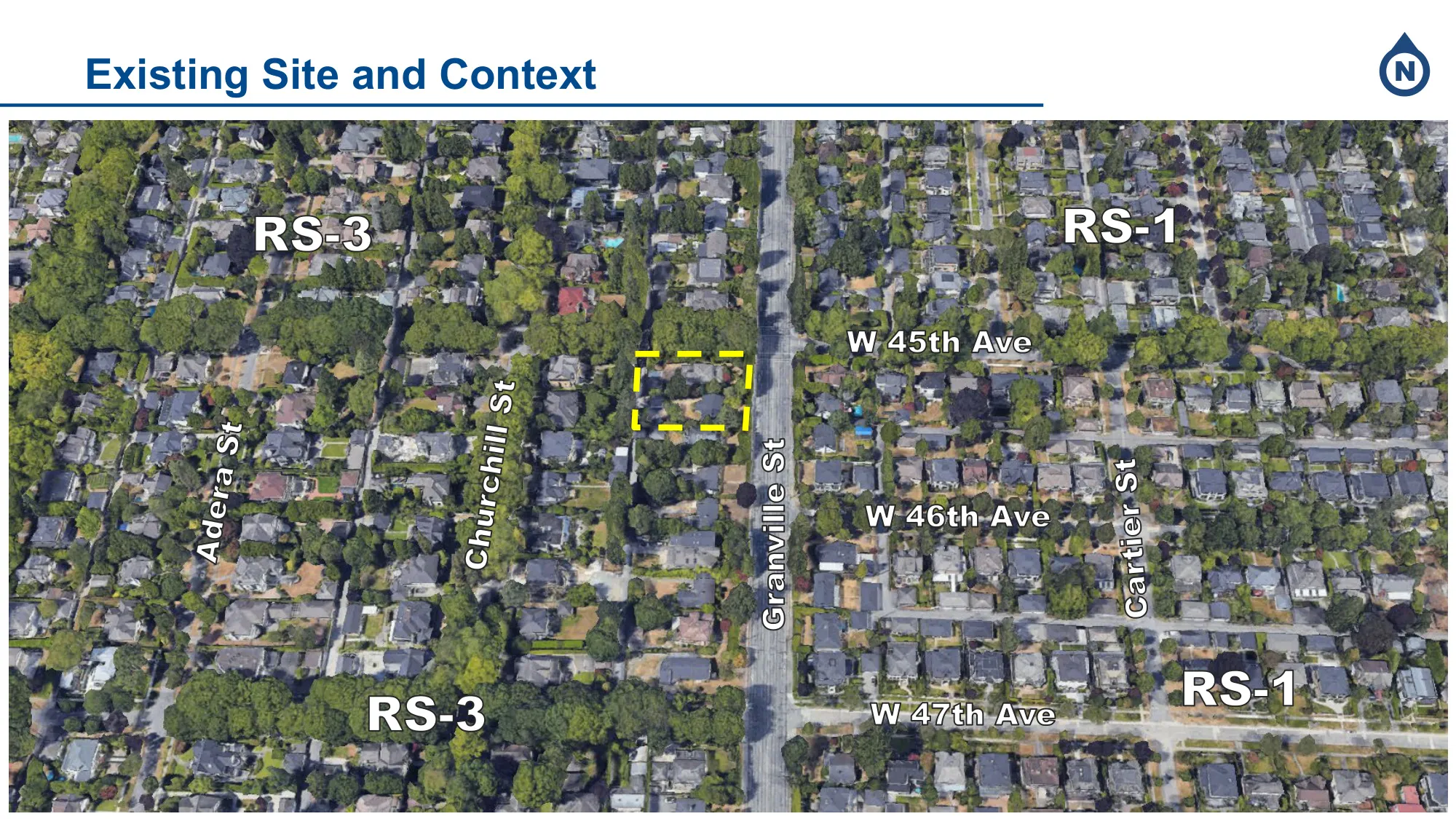 1522 West 45th Avenue and 6137 Granville Street — aerial view showing the subject site (yellow dashed outline) and surrounding RS-3 and RS-1 zoning context.