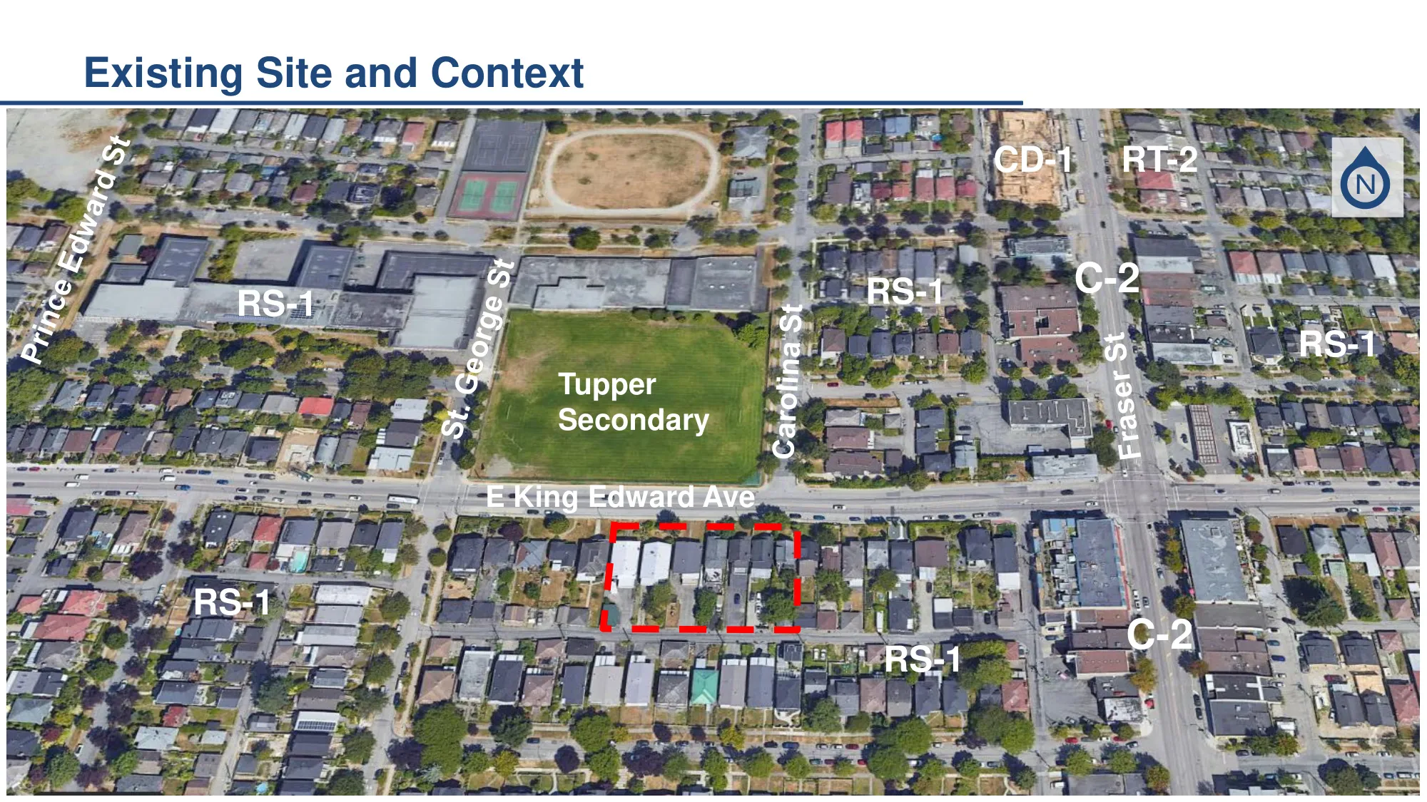 550–606 East King Edward Avenue and surrounding zoning context, with the subject site outlined in red dashed lines near Tupper Secondary.