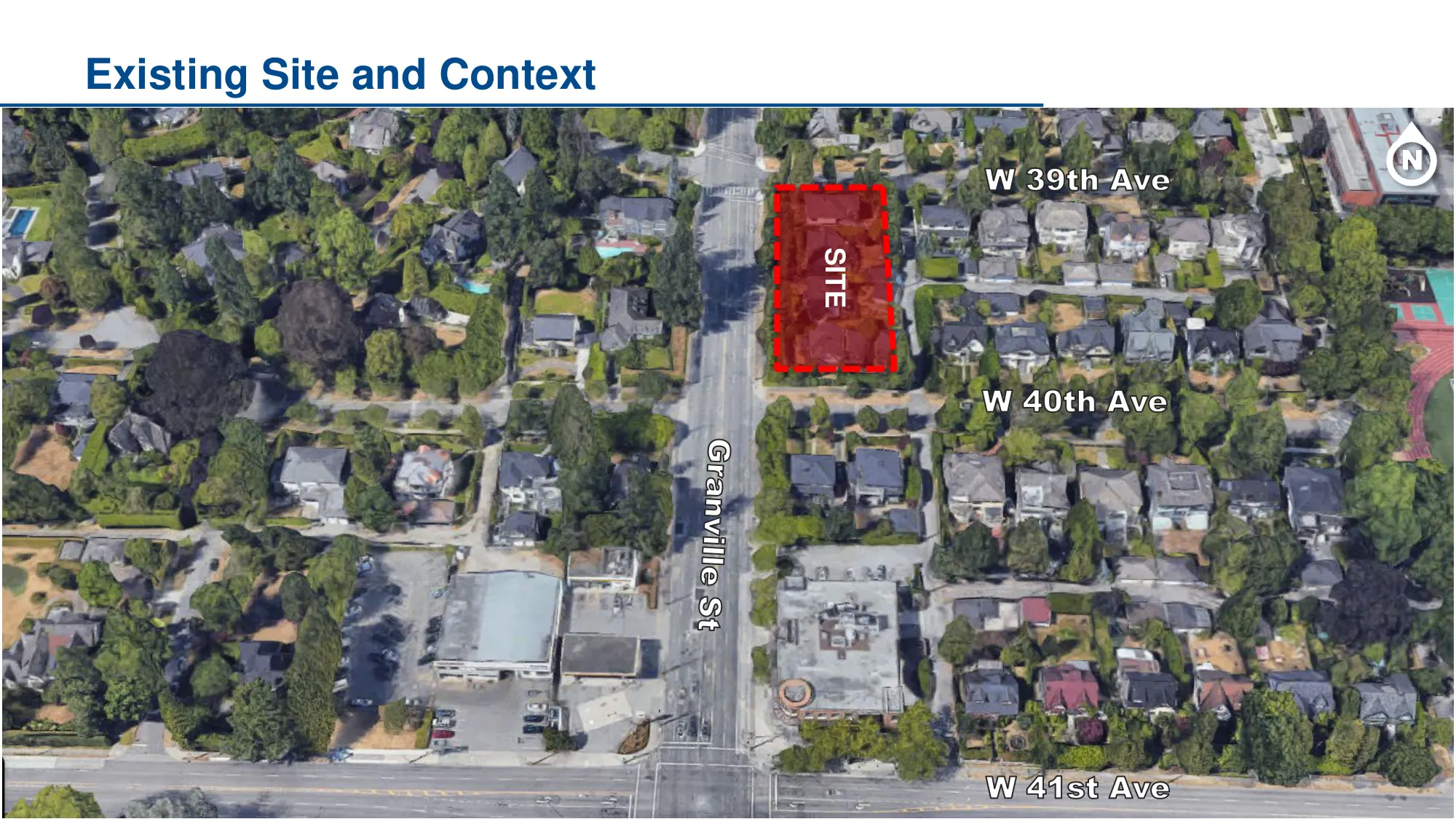 5526-5592 Granville Street and 1498 West 39th Avenue — aerial view of the site (outlined in red) at the corner of Granville Street between W 39th and W 41st Avenues.