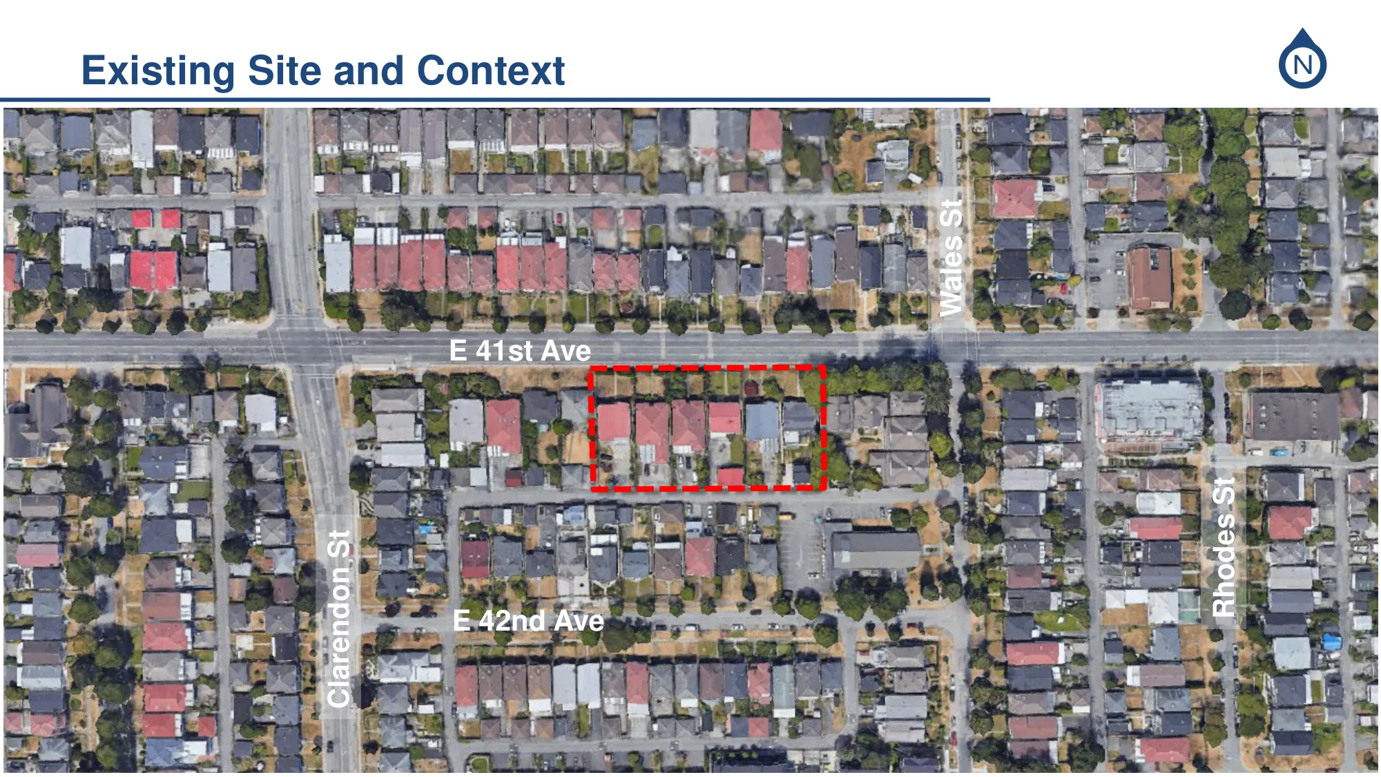 2596–2660 East 41st Avenue (outlined in red dashes) and its surrounding residential neighbourhood near Clarendon Street.