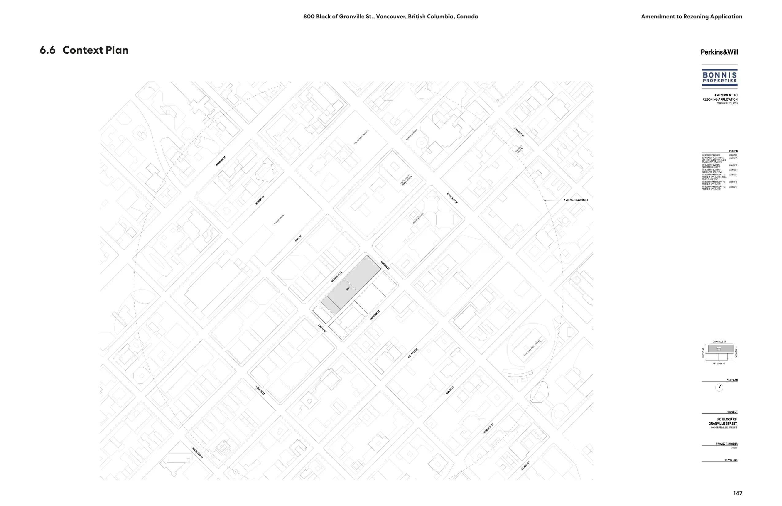 800 Block of Granville Street and its surrounding downtown street grid, with a 5-minute walking radius indicated.