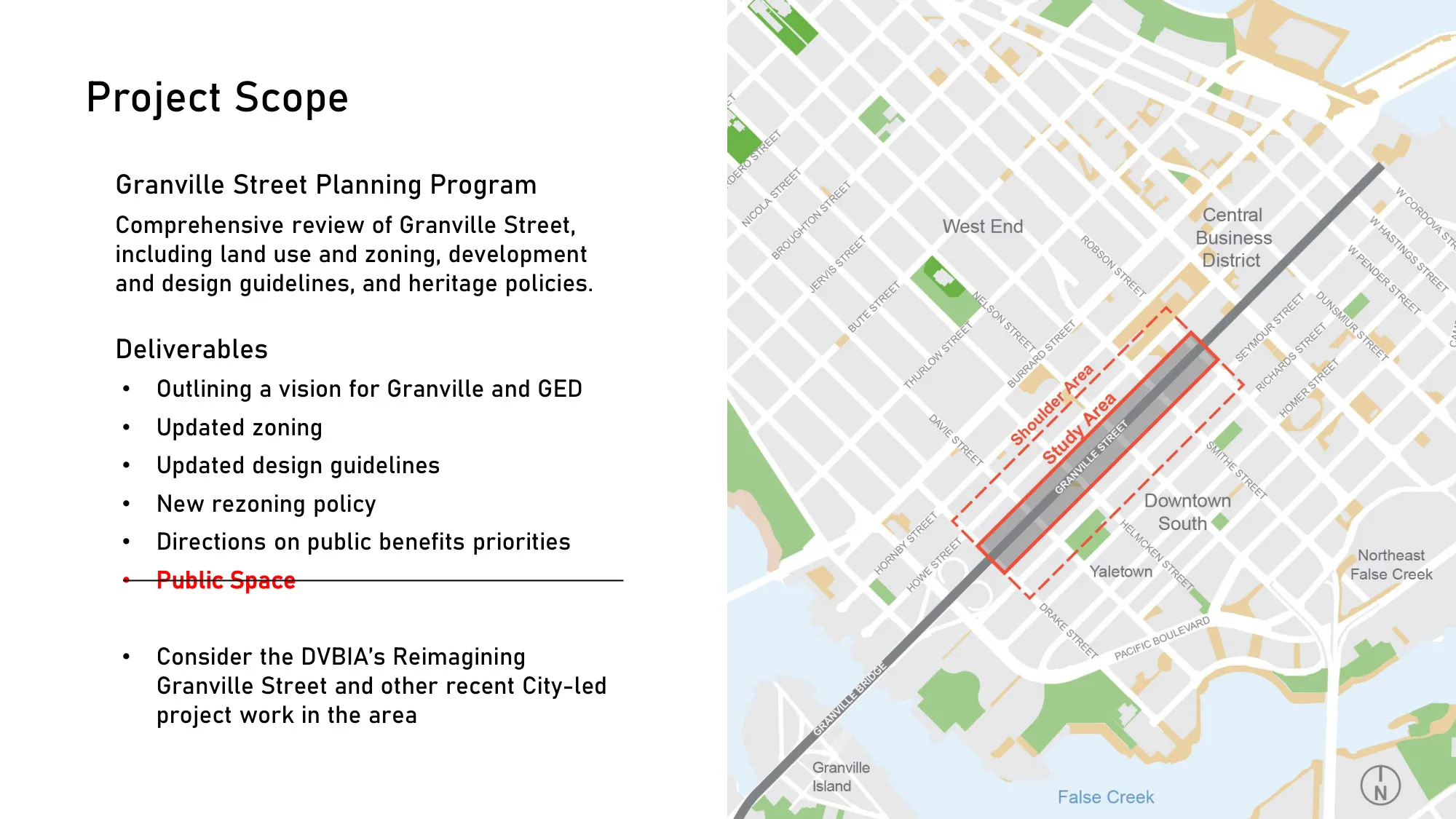 Granville Street Planning Program study area and shoulder area, Robson Street to Drake Street in Downtown Vancouver.