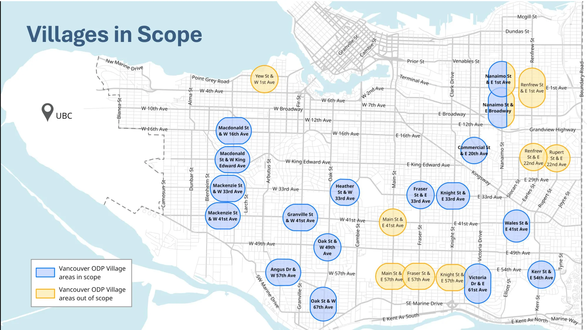 All Vancouver Villages in scope for the city-initiated rezoning, showing locations across the city by intersection name.